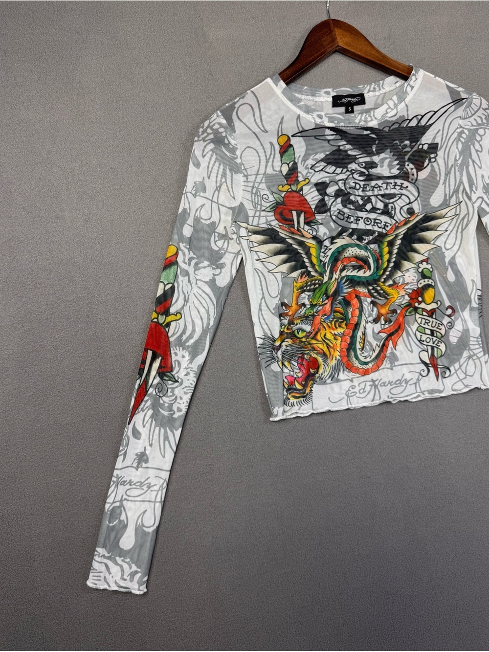 Ed Hardy Y2K Style Tattoo Mesh Long Sleeve Crop Top, Sheer Before Death Design S - Picture 5 of 16